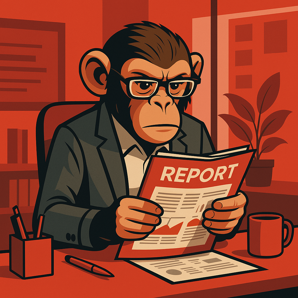 A stylized, professional-looking illustration of a monkey sitting at a desk, reading a detailed report. The monkey should appear intelligent and focused, wearing glasses, with a modern office background. The dominant color theme should include #dd0000 (a bold red, and the MNKY.agency brand color) used in the report cover, desk accessories, or background elements. The style should be clean and suitable for a business blog post header image.